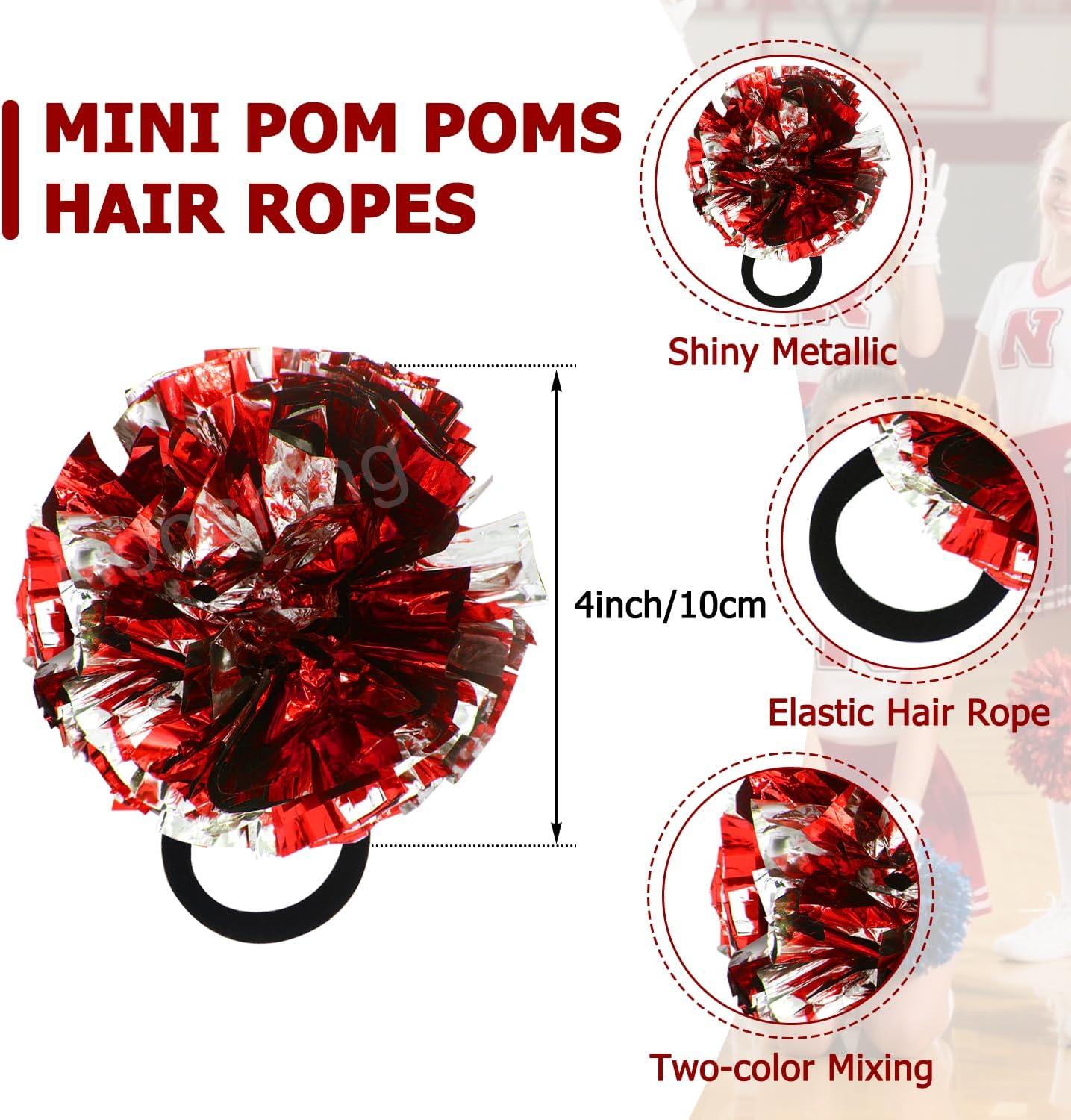 imageHooshing 5PCS Cheerleading Pom Poms and Cheerleader Girls Hair Ties with Poms for Sports Spirits Kids Adults Basketball Football Birthday Party PerformanceRed and Silver