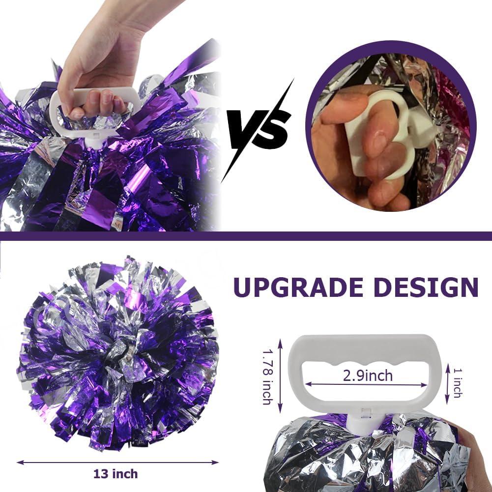 imageHooshing 5PCS Cheerleading Pom Poms and Cheerleader Girls Hair Ties with Poms for Sports Spirits Kids Adults Basketball Football Birthday Party PerformancePurple and Silver