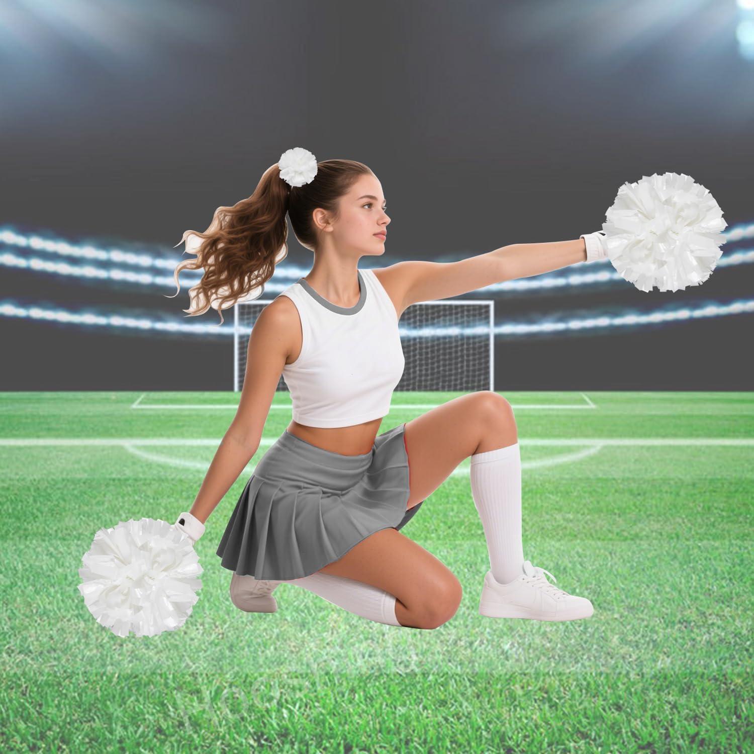 imageHooshing 5PCS Cheerleading Pom Poms and Cheerleader Girls Hair Ties with Poms for Sports Spirits Kids Adults Basketball Football Birthday Party PerformanceWhite