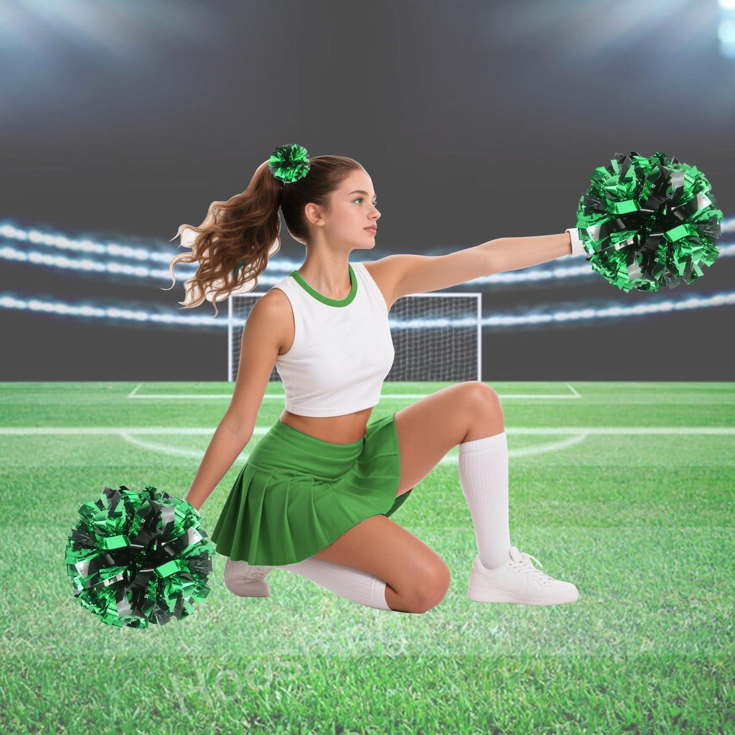 imageHooshing 5PCS Cheerleading Pom Poms and Cheerleader Girls Hair Ties with Poms for Sports Spirits Kids Adults Basketball Football Birthday Party PerformanceBlack and Green