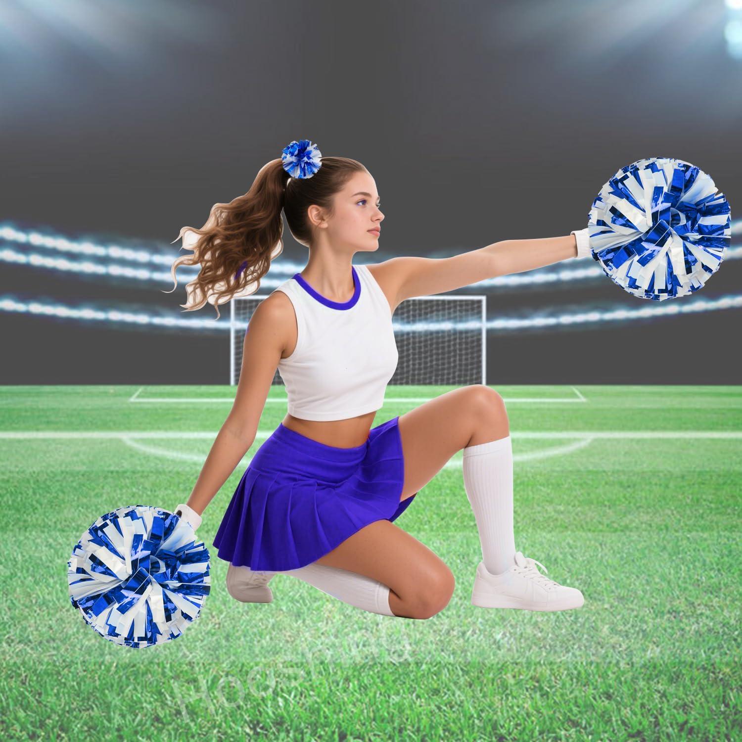 imageHooshing 5PCS Cheerleading Pom Poms and Cheerleader Girls Hair Ties with Poms for Sports Spirits Kids Adults Basketball Football Birthday Party PerformanceBlue and White