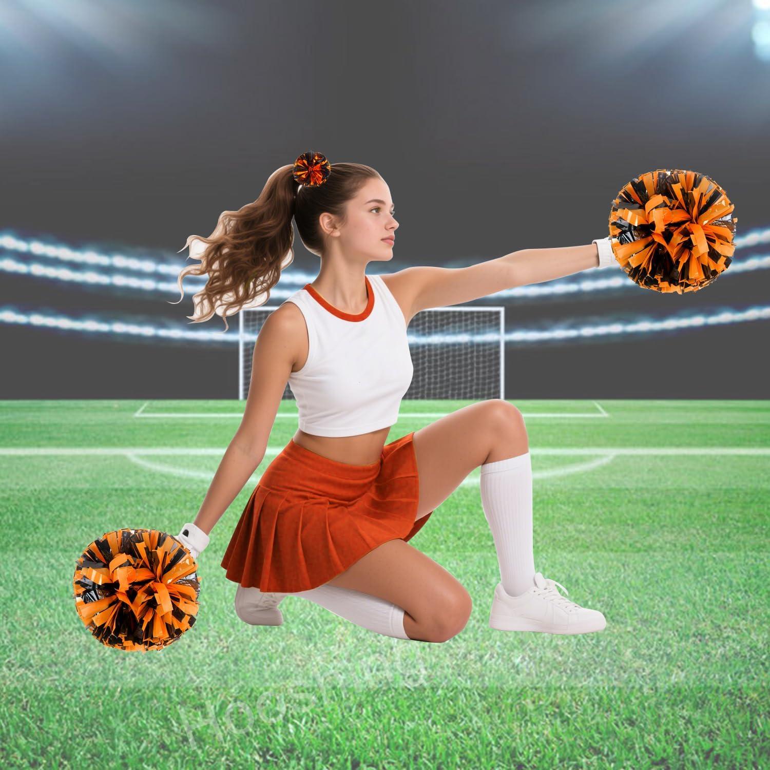 imageHooshing 5PCS Cheerleading Pom Poms and Cheerleader Girls Hair Ties with Poms for Sports Spirits Kids Adults Basketball Football Birthday Party PerformanceBlack and Orange