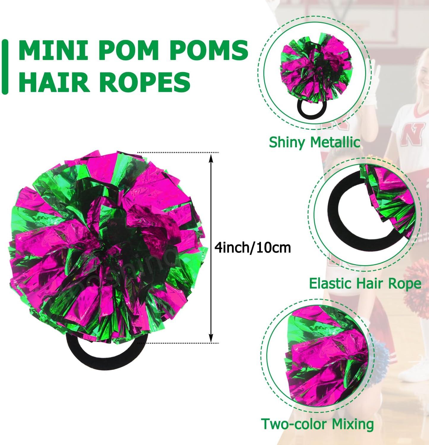 imageHooshing 5PCS Cheerleading Pom Poms and Cheerleader Girls Hair Ties with Poms for Sports Spirits Kids Adults Basketball Football Birthday Party PerformanceHot Pink and Green