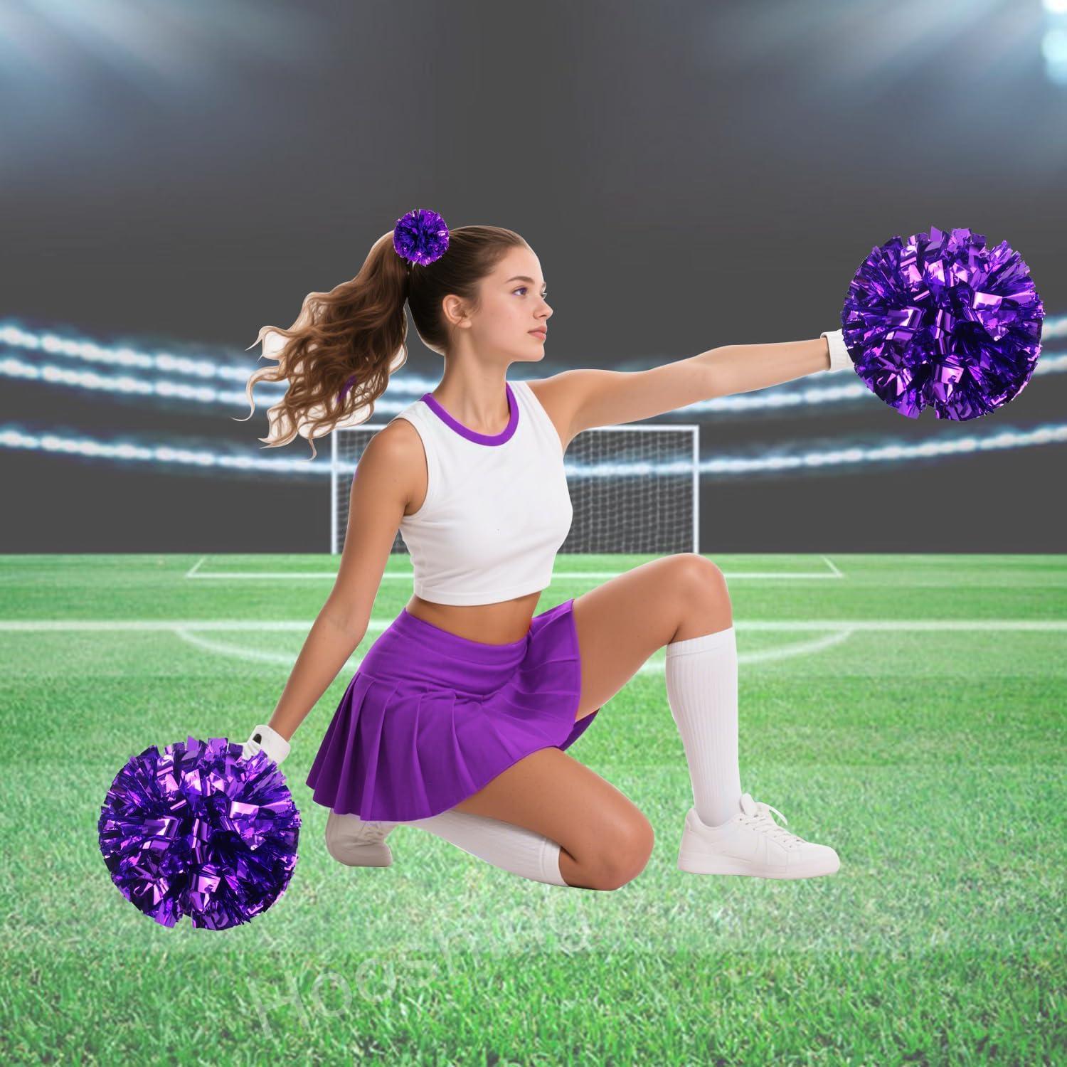 imageHooshing 5PCS Cheerleading Pom Poms and Cheerleader Girls Hair Ties with Poms for Sports Spirits Kids Adults Basketball Football Birthday Party PerformancePurple