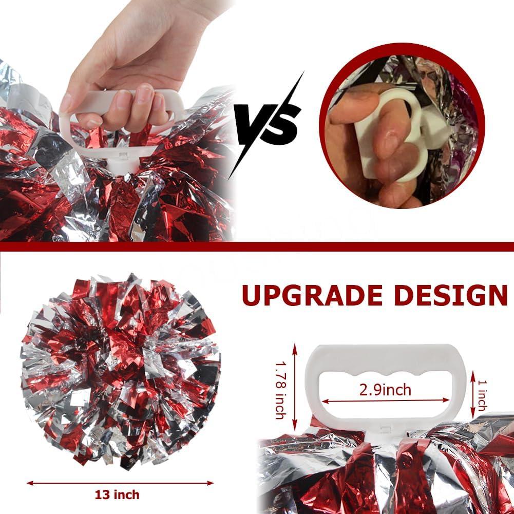 imageHooshing 5PCS Cheerleading Pom Poms and Cheerleader Girls Hair Ties with Poms for Sports Spirits Kids Adults Basketball Football Birthday Party PerformanceRed and Silver