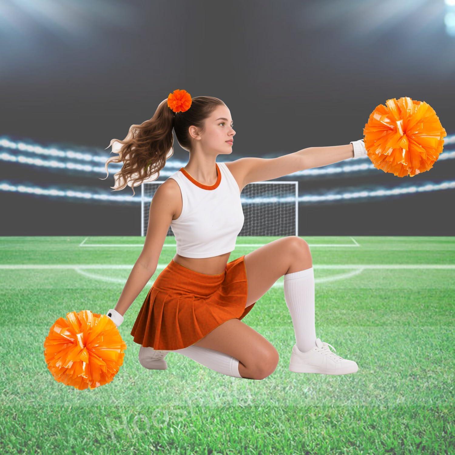 imageHooshing 5PCS Cheerleading Pom Poms and Cheerleader Girls Hair Ties with Poms for Sports Spirits Kids Adults Basketball Football Birthday Party PerformanceOrange