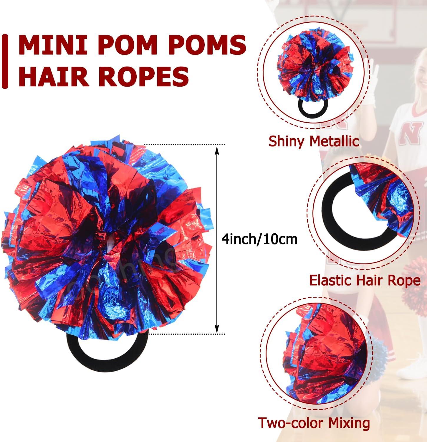 imageHooshing 5PCS Cheerleading Pom Poms and Cheerleader Girls Hair Ties with Poms for Sports Spirits Kids Adults Basketball Football Birthday Party PerformanceBlue and Red