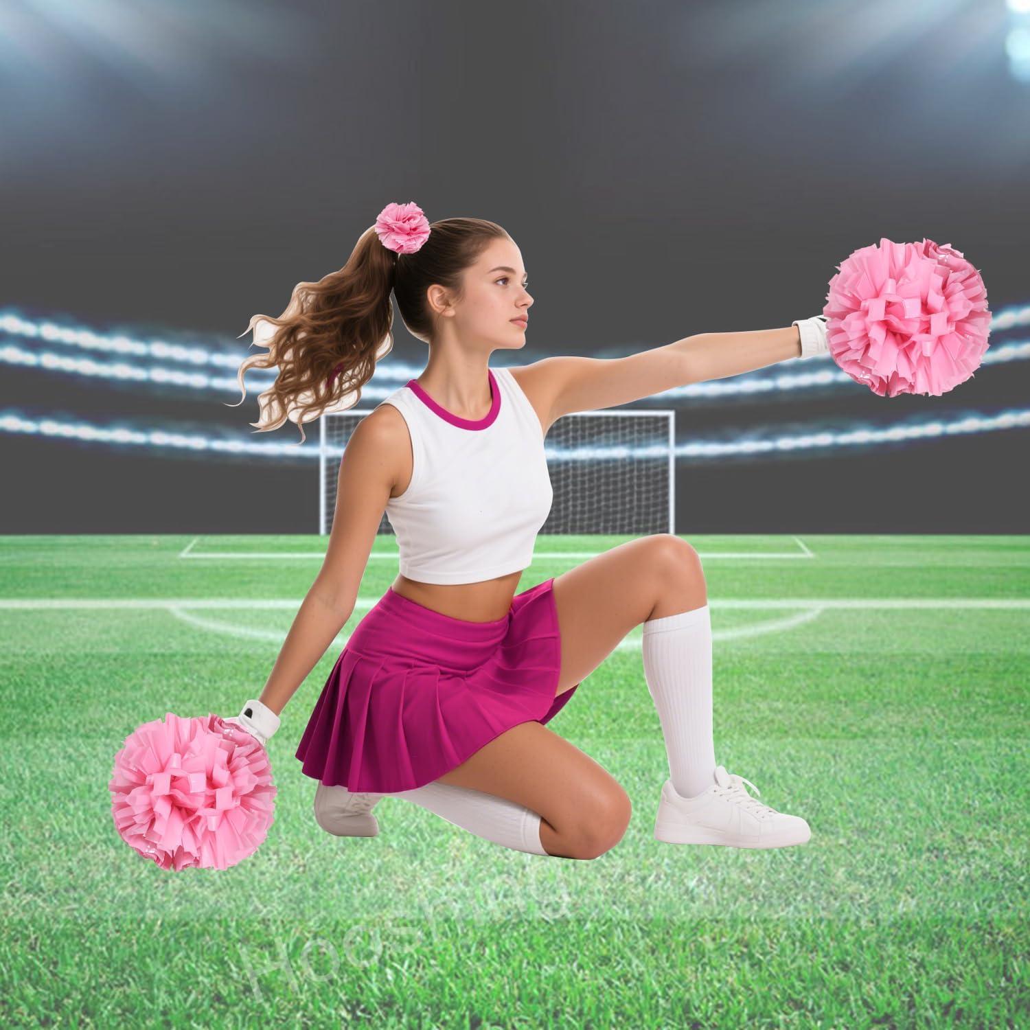 imageHooshing 5PCS Cheerleading Pom Poms and Cheerleader Girls Hair Ties with Poms for Sports Spirits Kids Adults Basketball Football Birthday Party PerformancePink