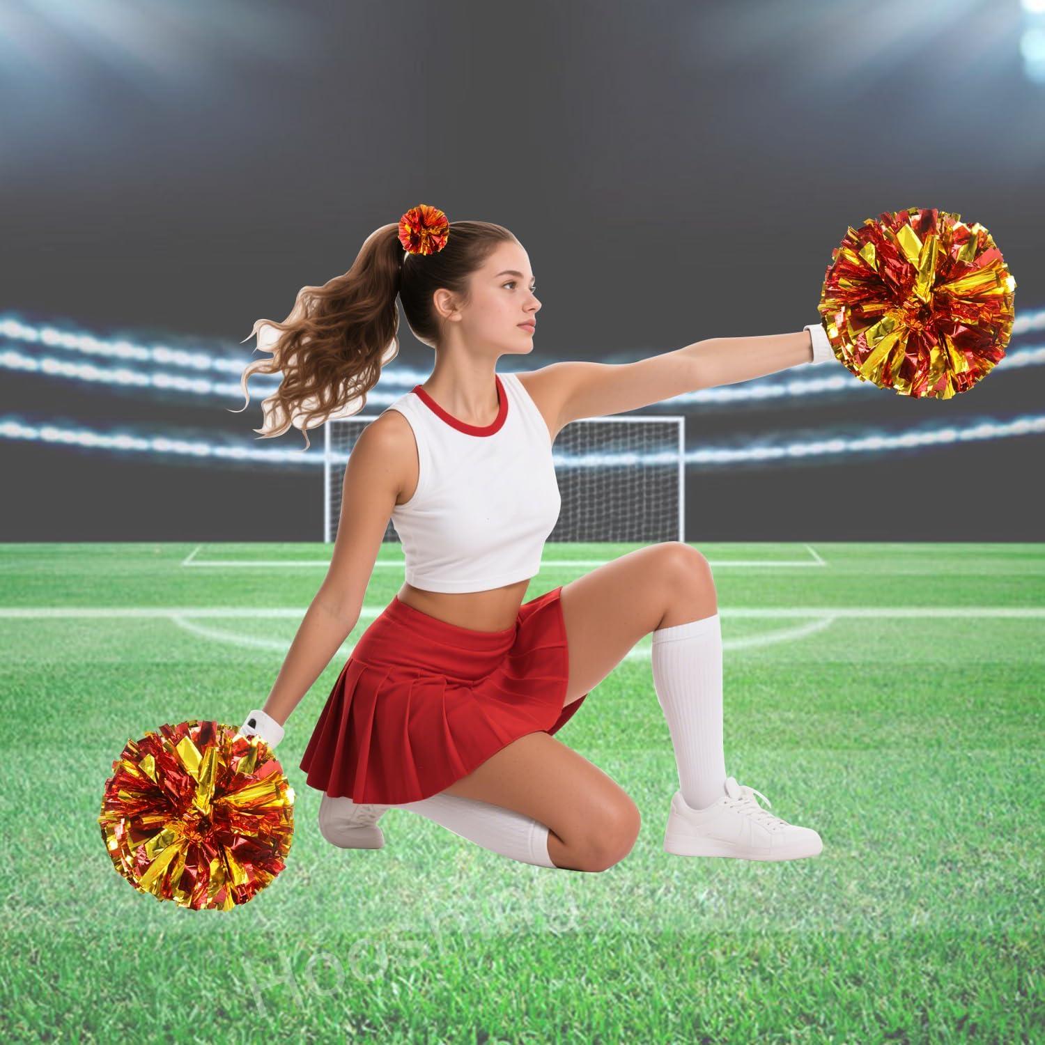 imageHooshing 5PCS Cheerleading Pom Poms and Cheerleader Girls Hair Ties with Poms for Sports Spirits Kids Adults Basketball Football Birthday Party PerformanceRed and Gold