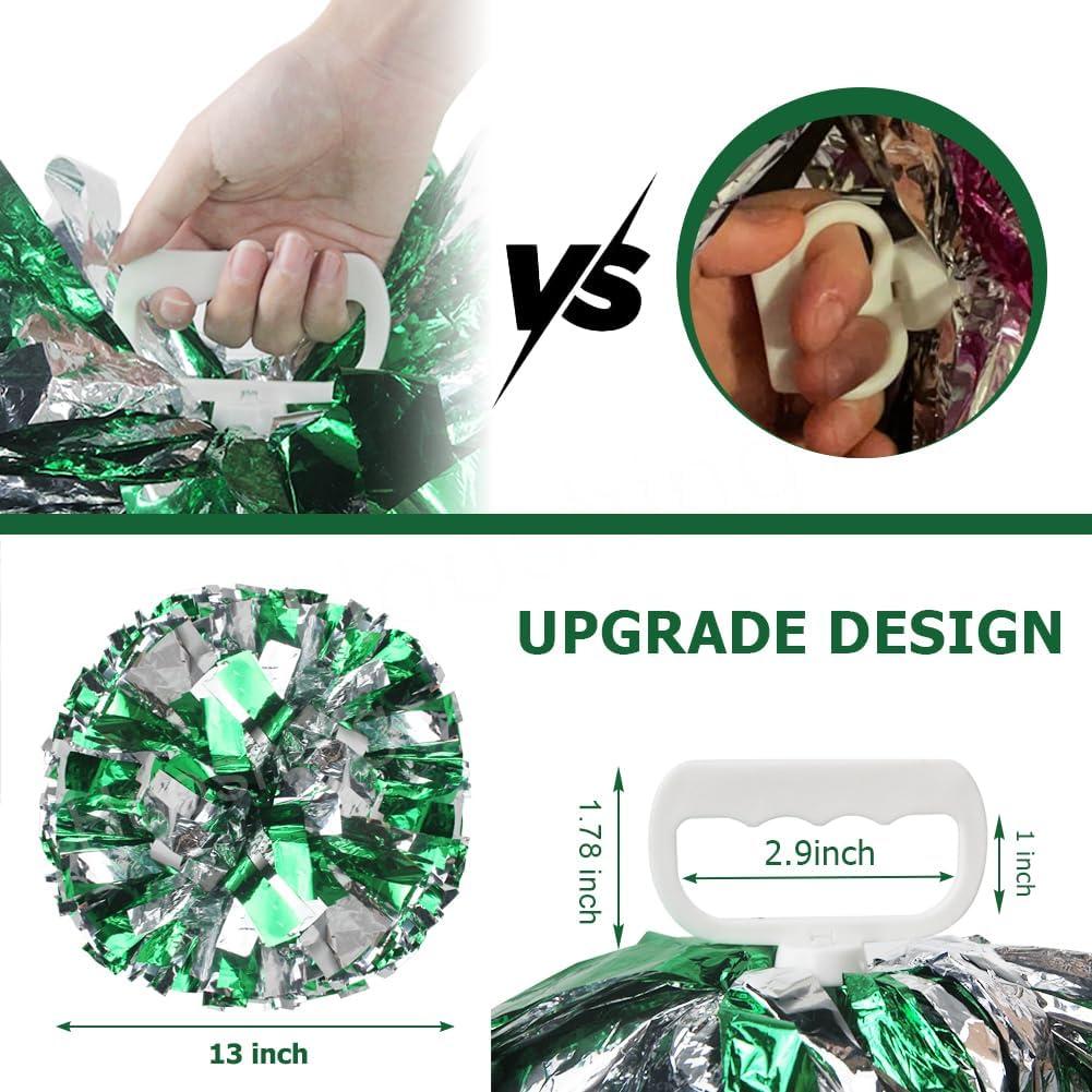 imageHooshing 5PCS Cheerleading Pom Poms and Cheerleader Girls Hair Ties with Poms for Sports Spirits Kids Adults Basketball Football Birthday Party PerformanceGreen and Silver