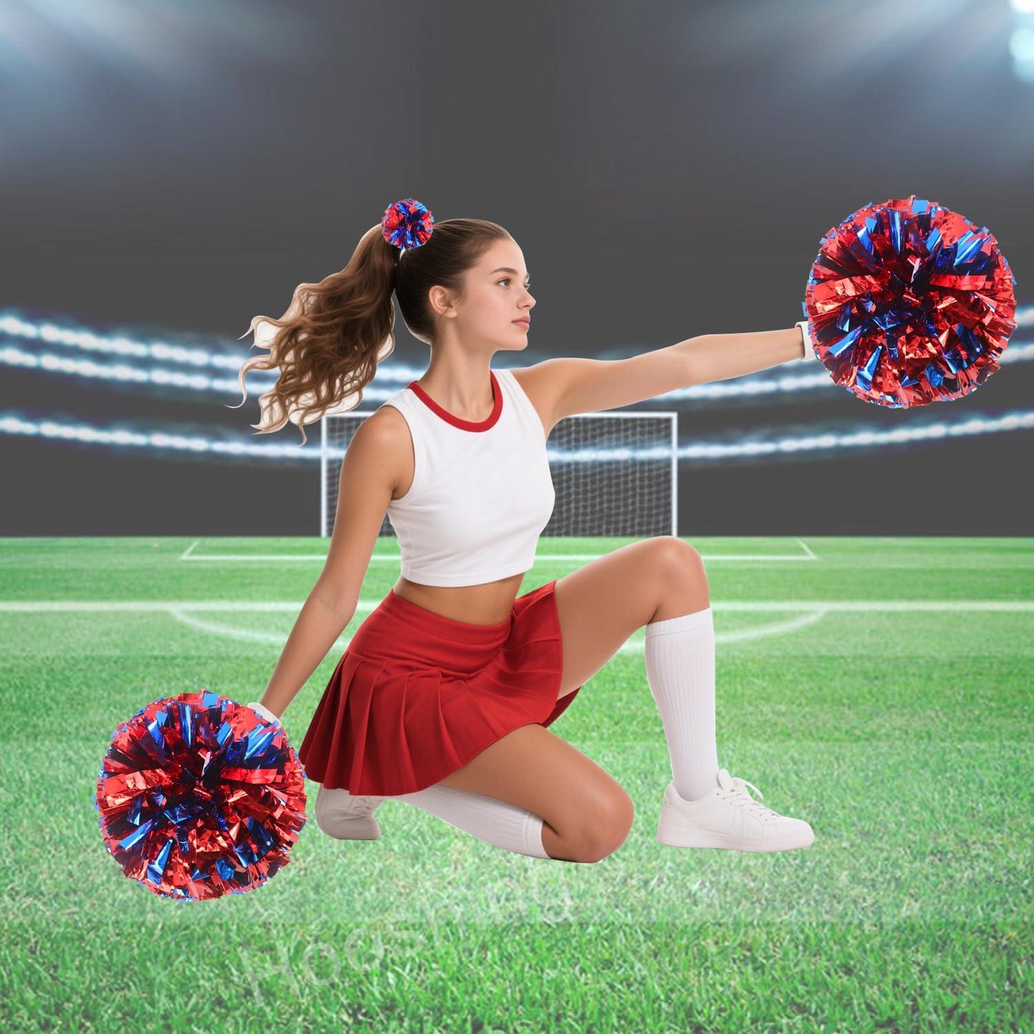 imageHooshing 5PCS Cheerleading Pom Poms and Cheerleader Girls Hair Ties with Poms for Sports Spirits Kids Adults Basketball Football Birthday Party PerformanceBlue and Red