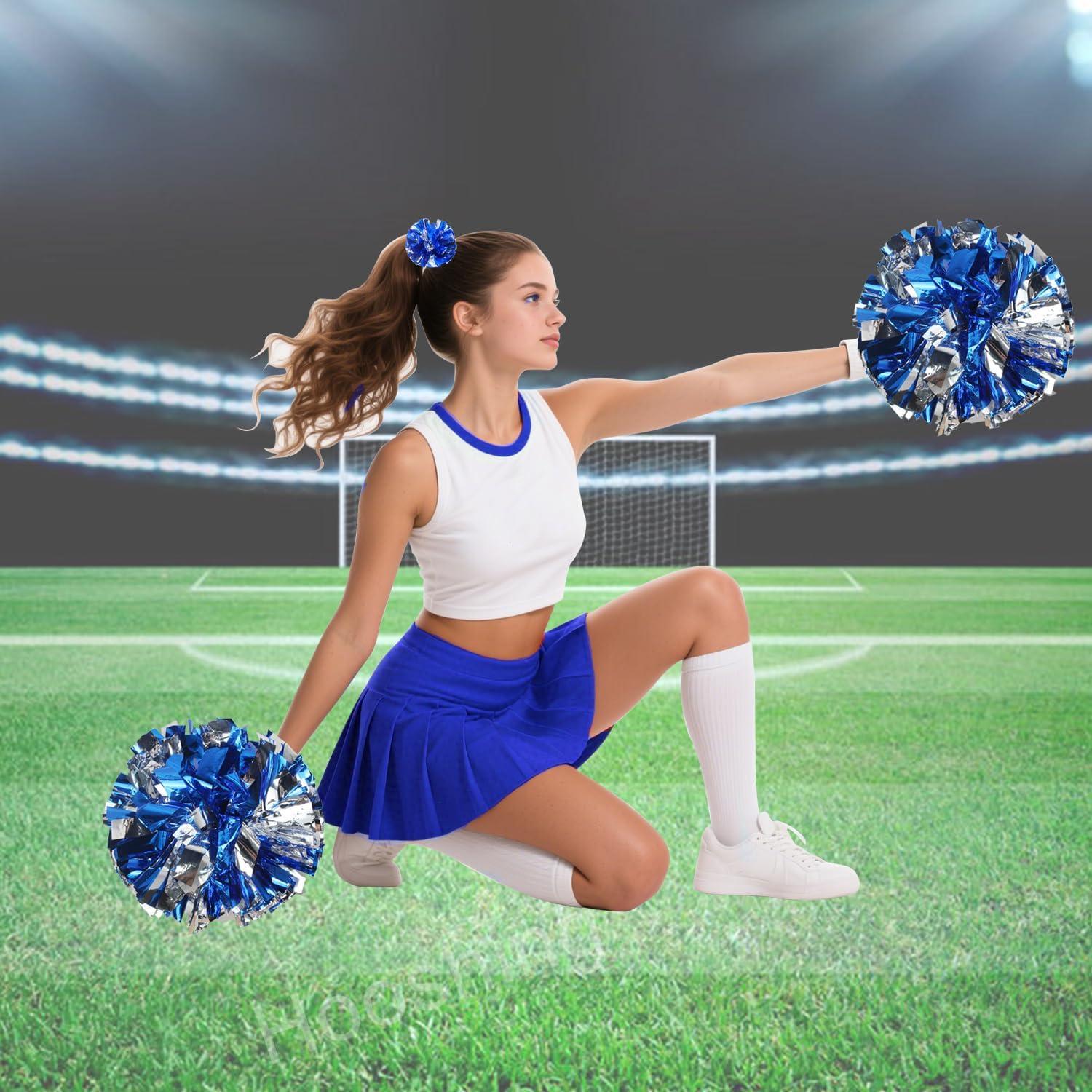 imageHooshing 5PCS Cheerleading Pom Poms and Cheerleader Girls Hair Ties with Poms for Sports Spirits Kids Adults Basketball Football Birthday Party PerformanceBlue and Silver