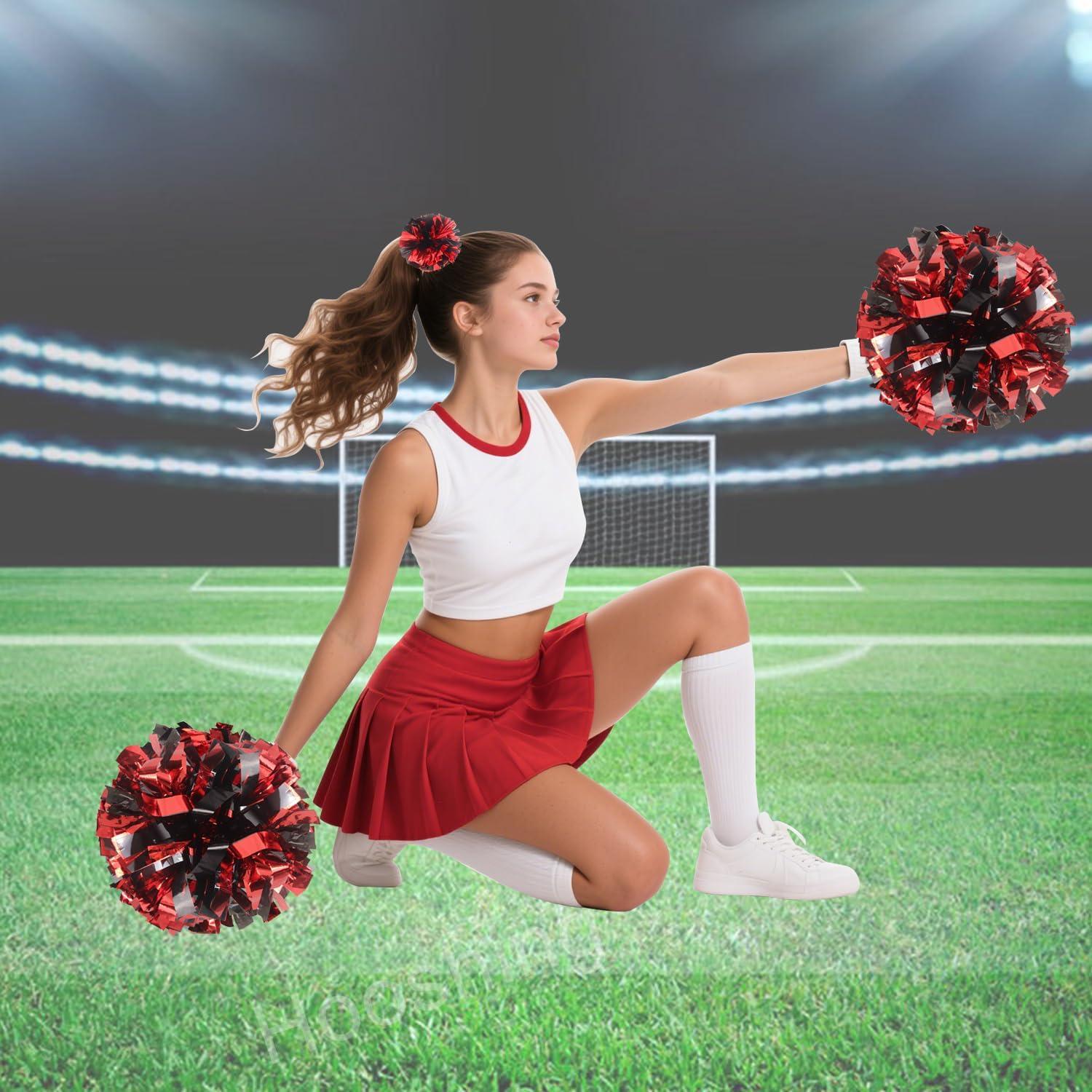 imageHooshing 5PCS Cheerleading Pom Poms and Cheerleader Girls Hair Ties with Poms for Sports Spirits Kids Adults Basketball Football Birthday Party PerformanceBlack and Red