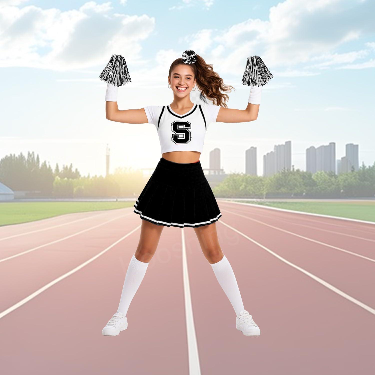 imageHooshing 5PCS Pom Poms Cheerleading Shaker and Hair Ropes Wrist Ties with Poms for Cheerleader Girls Sports Spirits Rewards Cheer in Party FestivalBlack and White