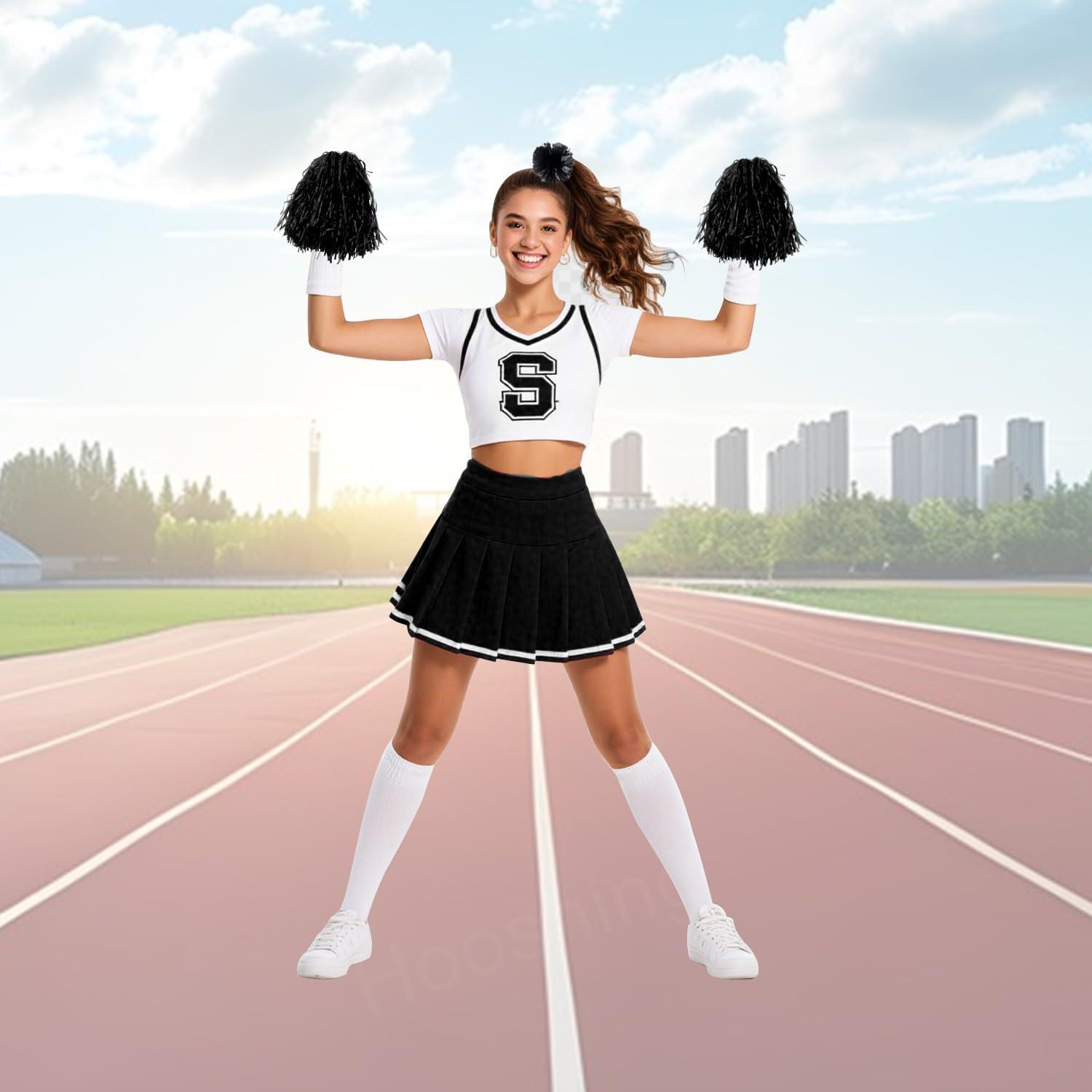 imageHooshing 5PCS Pom Poms Cheerleading Shaker and Hair Ropes Wrist Ties with Poms for Cheerleader Girls Sports Spirits Rewards Cheer in Party FestivalBlack