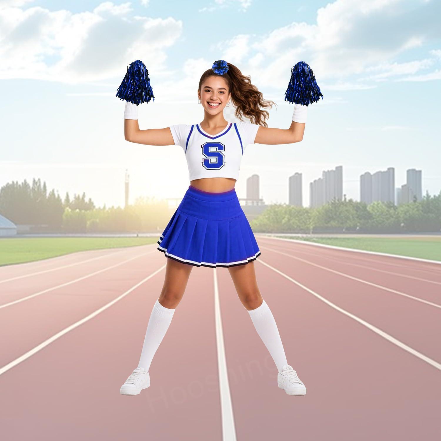 imageHooshing 5PCS Pom Poms Cheerleading Shaker and Hair Ropes Wrist Ties with Poms for Cheerleader Girls Sports Spirits Rewards Cheer in Party FestivalBlack and Blue