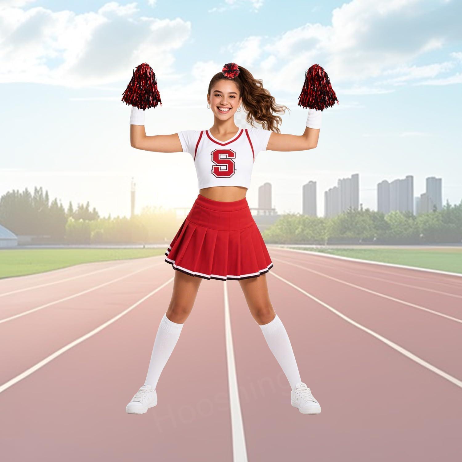 imageHooshing 5PCS Pom Poms Cheerleading Shaker and Hair Ropes Wrist Ties with Poms for Cheerleader Girls Sports Spirits Rewards Cheer in Party FestivalBlack and Red