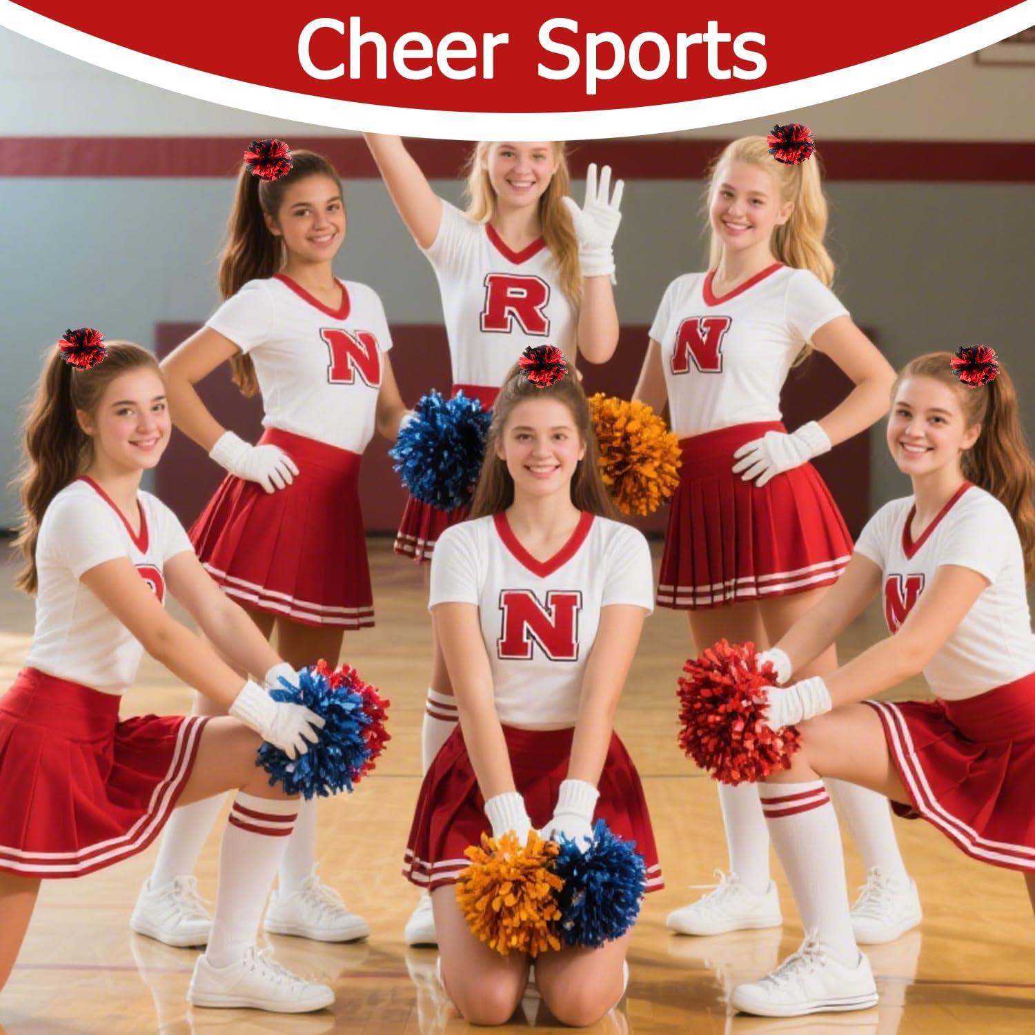 imageHooshing 5PCS Pom Poms Cheerleading Shaker and Hair Ropes Wrist Ties with Poms for Cheerleader Girls Sports Spirits Rewards Cheer in Party FestivalBlack and Red