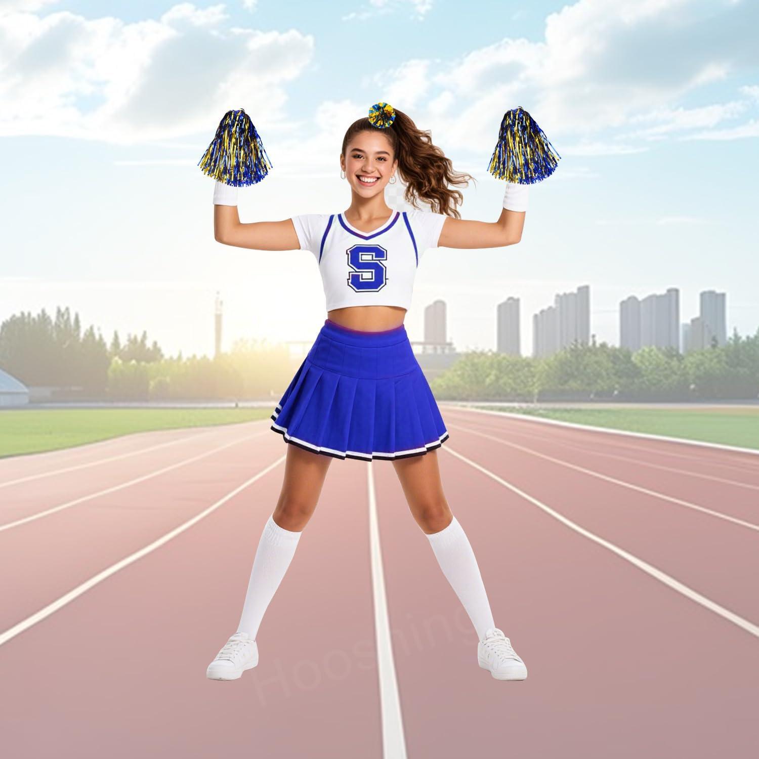 imageHooshing 5PCS Pom Poms Cheerleading Shaker and Hair Ropes Wrist Ties with Poms for Cheerleader Girls Sports Spirits Rewards Cheer in Party FestivalBlue and Gold