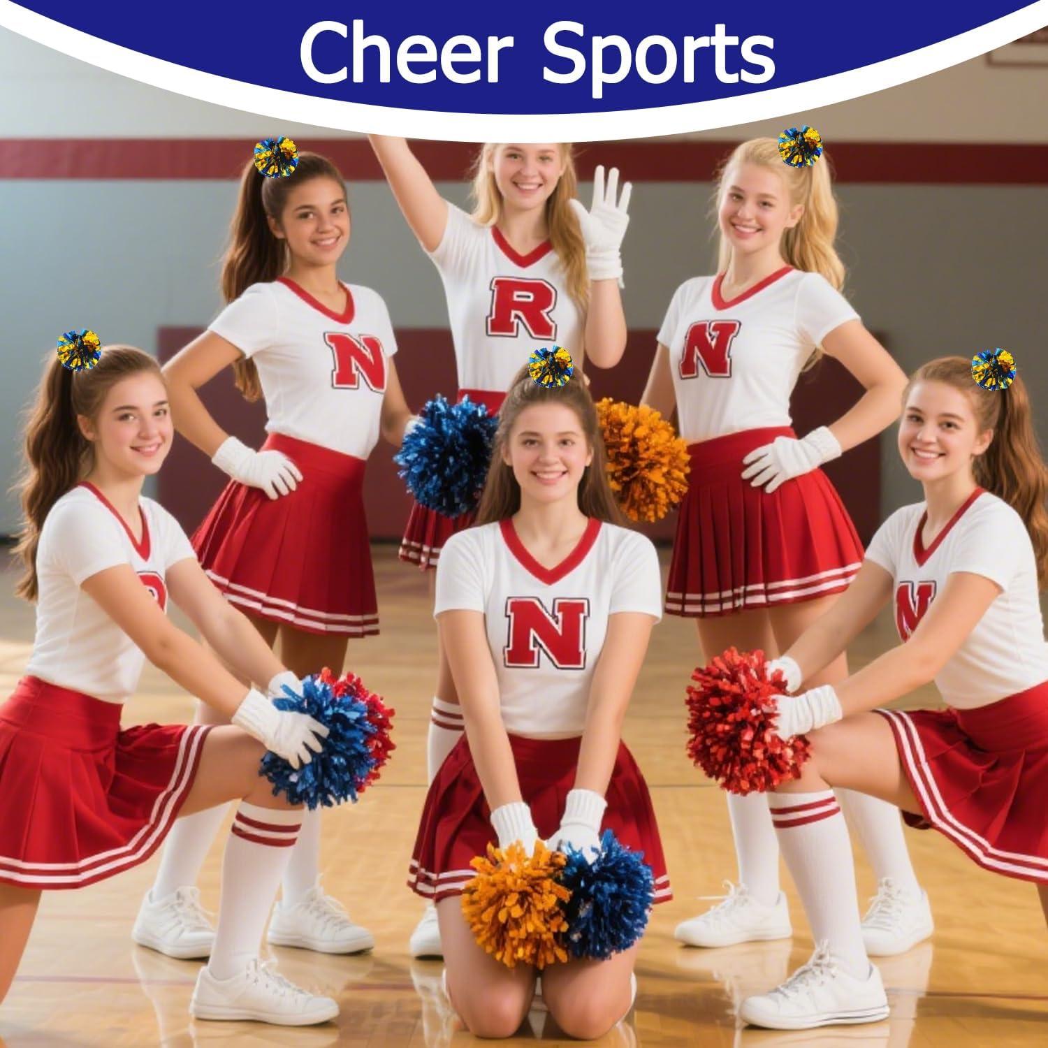 imageHooshing 5PCS Pom Poms Cheerleading Shaker and Hair Ropes Wrist Ties with Poms for Cheerleader Girls Sports Spirits Rewards Cheer in Party FestivalBlue and Gold