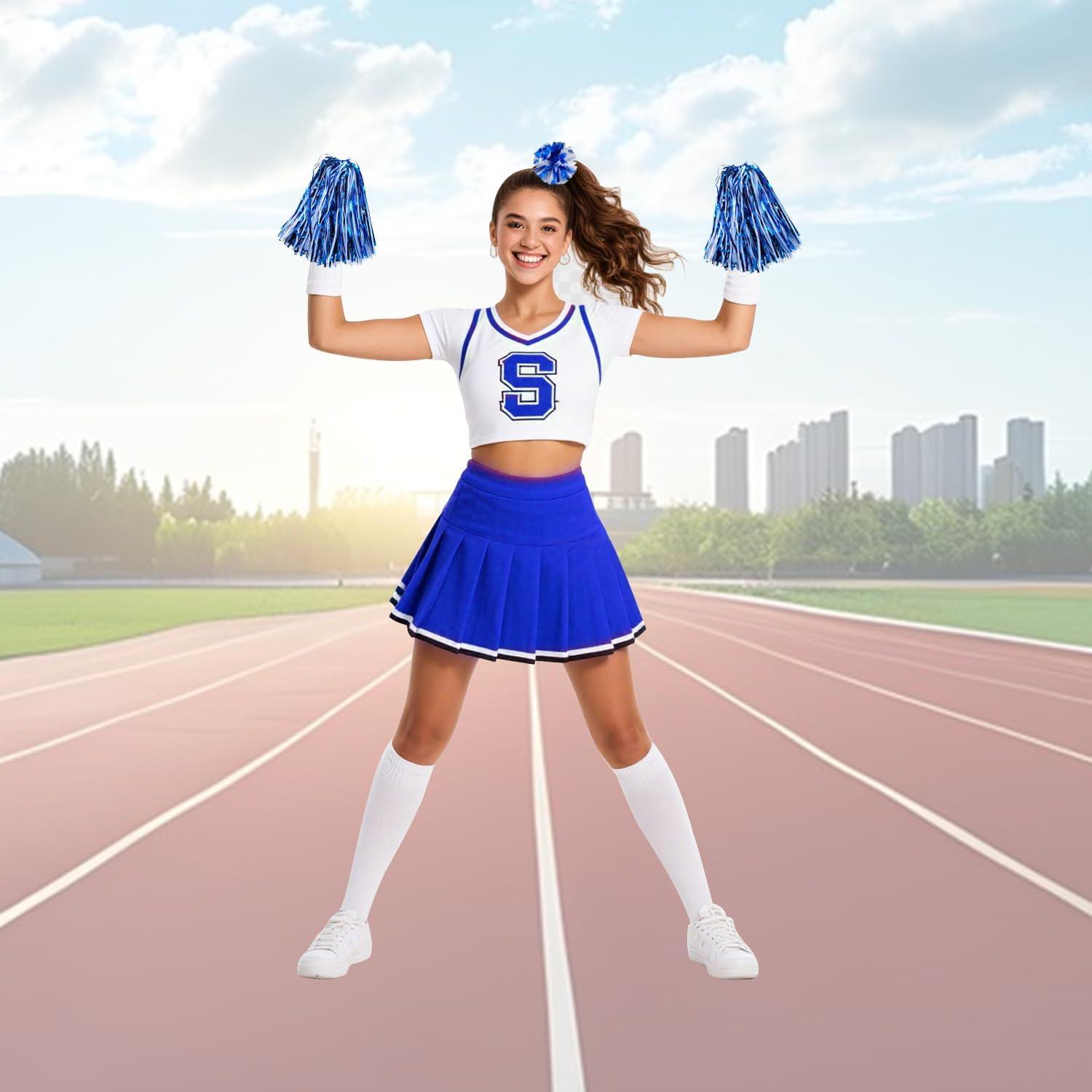 imageHooshing 5PCS Pom Poms Cheerleading Shaker and Hair Ropes Wrist Ties with Poms for Cheerleader Girls Sports Spirits Rewards Cheer in Party FestivalBlue and White