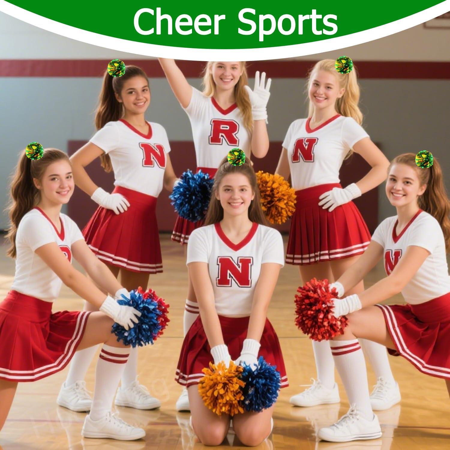 imageHooshing 5PCS Pom Poms Cheerleading Shaker and Hair Ropes Wrist Ties with Poms for Cheerleader Girls Sports Spirits Rewards Cheer in Party FestivalGreen and Gold