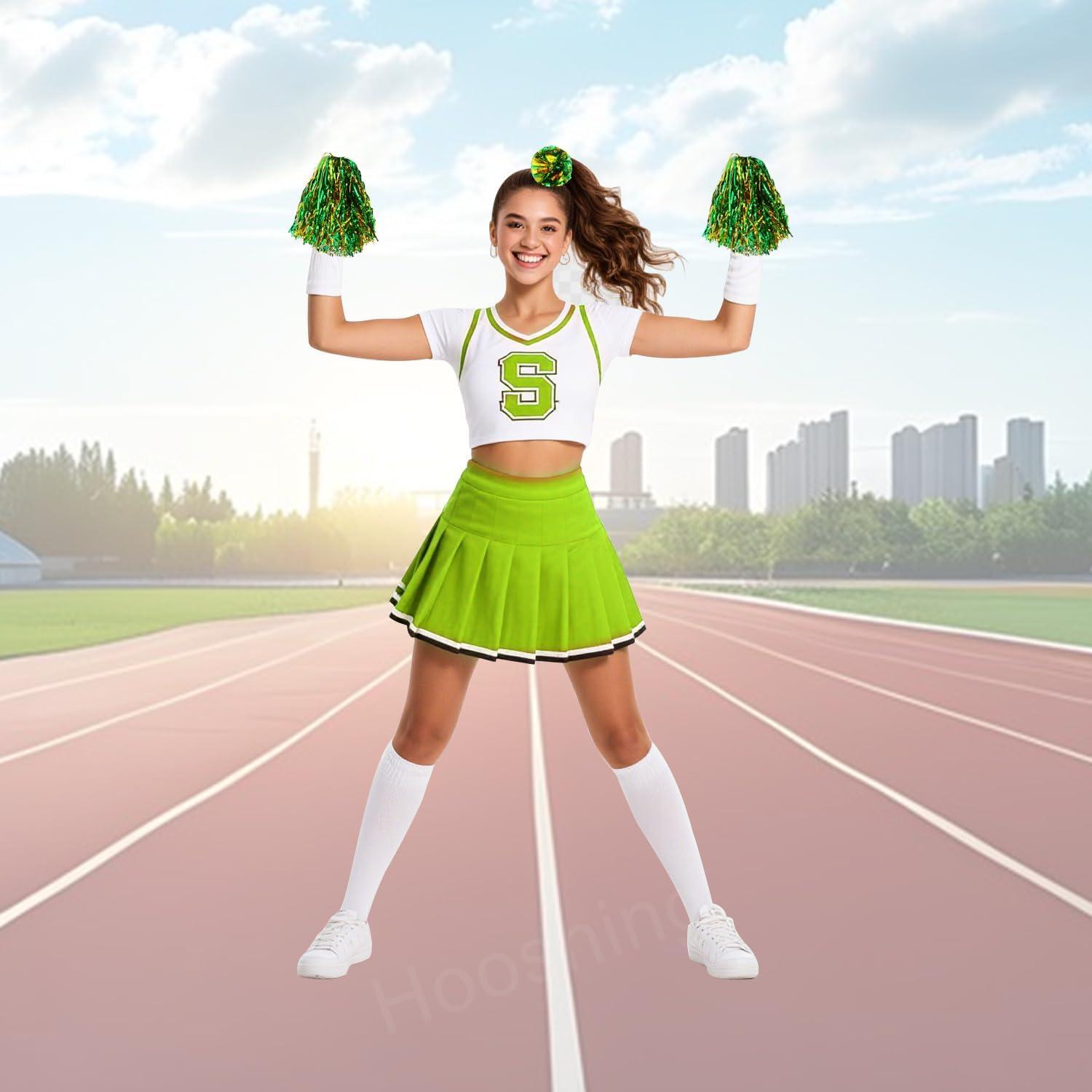 imageHooshing 5PCS Pom Poms Cheerleading Shaker and Hair Ropes Wrist Ties with Poms for Cheerleader Girls Sports Spirits Rewards Cheer in Party FestivalGreen and Gold