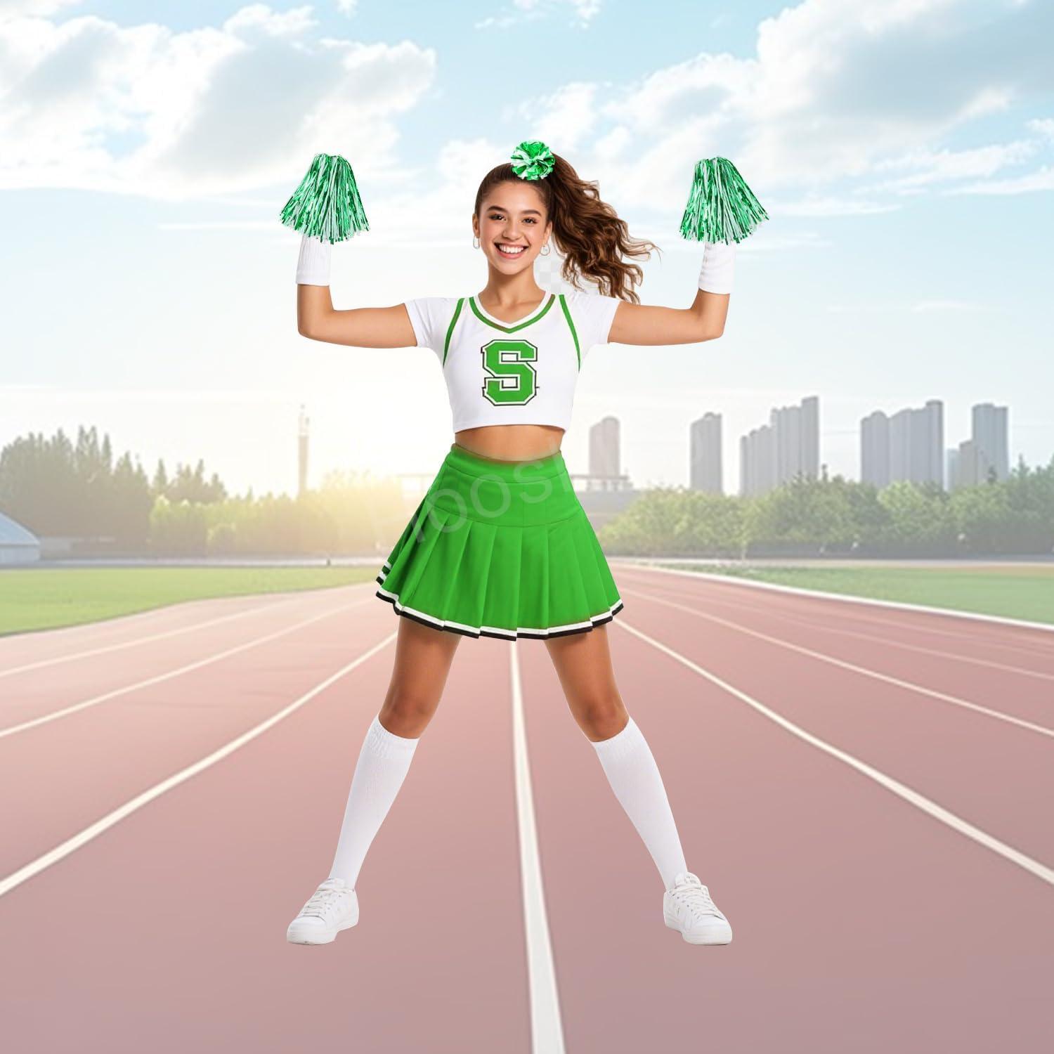 imageHooshing 5PCS Pom Poms Cheerleading Shaker and Hair Ropes Wrist Ties with Poms for Cheerleader Girls Sports Spirits Rewards Cheer in Party FestivalGreen and White