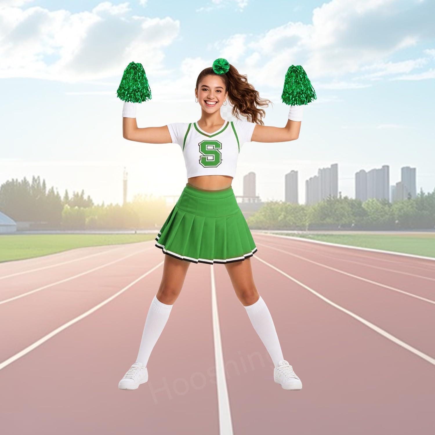 imageHooshing 5PCS Pom Poms Cheerleading Shaker and Hair Ropes Wrist Ties with Poms for Cheerleader Girls Sports Spirits Rewards Cheer in Party FestivalGreen