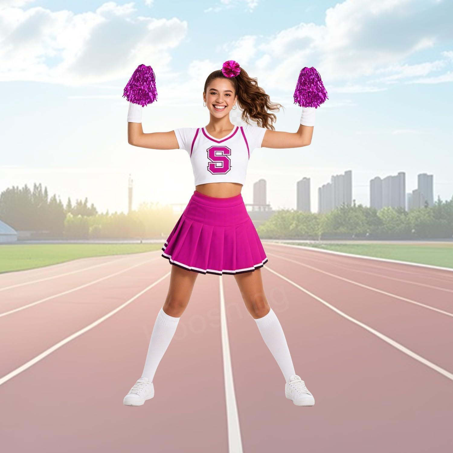 imageHooshing 5PCS Pom Poms Cheerleading Shaker and Hair Ropes Wrist Ties with Poms for Cheerleader Girls Sports Spirits Rewards Cheer in Party FestivalHot Pink