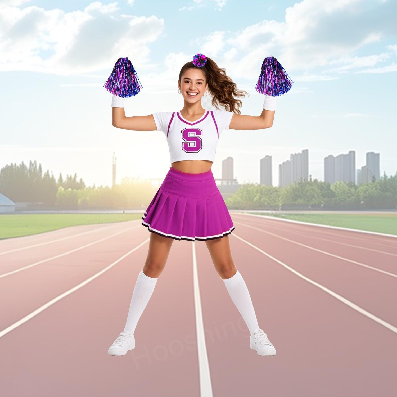 imageHooshing 5PCS Pom Poms Cheerleading Shaker and Hair Ropes Wrist Ties with Poms for Cheerleader Girls Sports Spirits Rewards Cheer in Party FestivalHot Pink and Blue