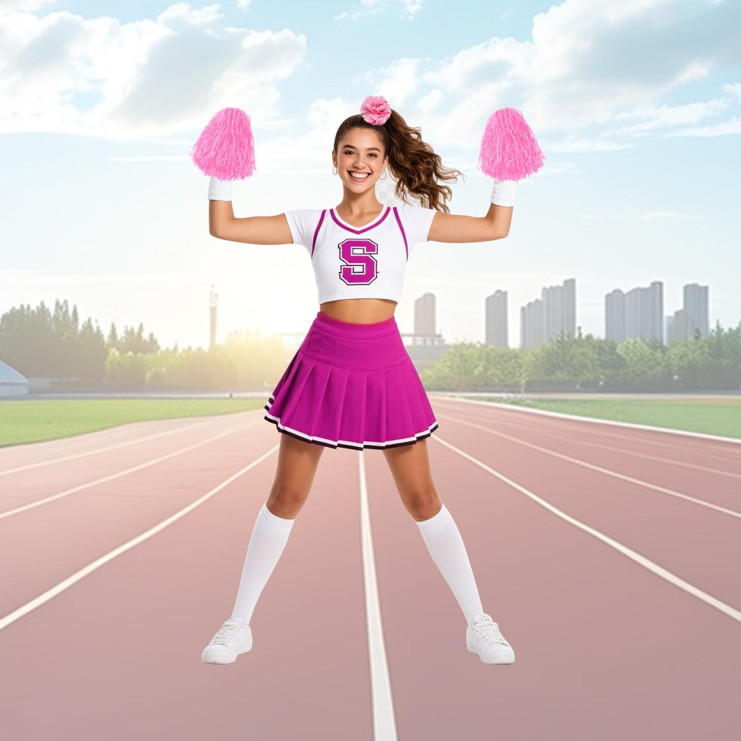 imageHooshing 5PCS Pom Poms Cheerleading Shaker and Hair Ropes Wrist Ties with Poms for Cheerleader Girls Sports Spirits Rewards Cheer in Party FestivalPink