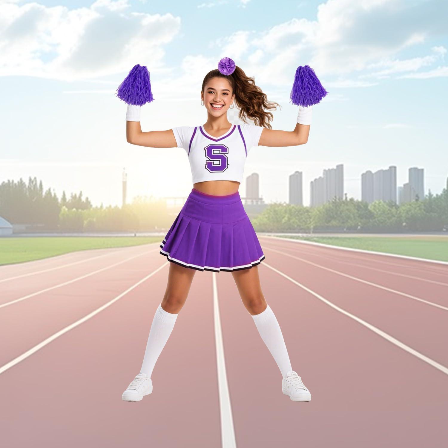 imageHooshing 5PCS Pom Poms Cheerleading Shaker and Hair Ropes Wrist Ties with Poms for Cheerleader Girls Sports Spirits Rewards Cheer in Party FestivalPurple