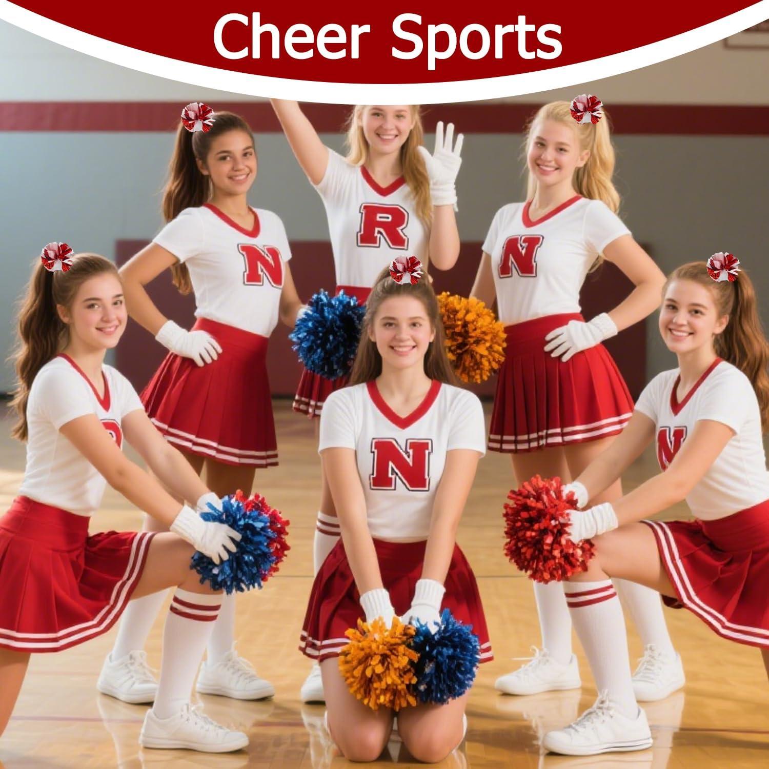 imageHooshing 5PCS Pom Poms Cheerleading Shaker and Hair Ropes Wrist Ties with Poms for Cheerleader Girls Sports Spirits Rewards Cheer in Party FestivalRed and White