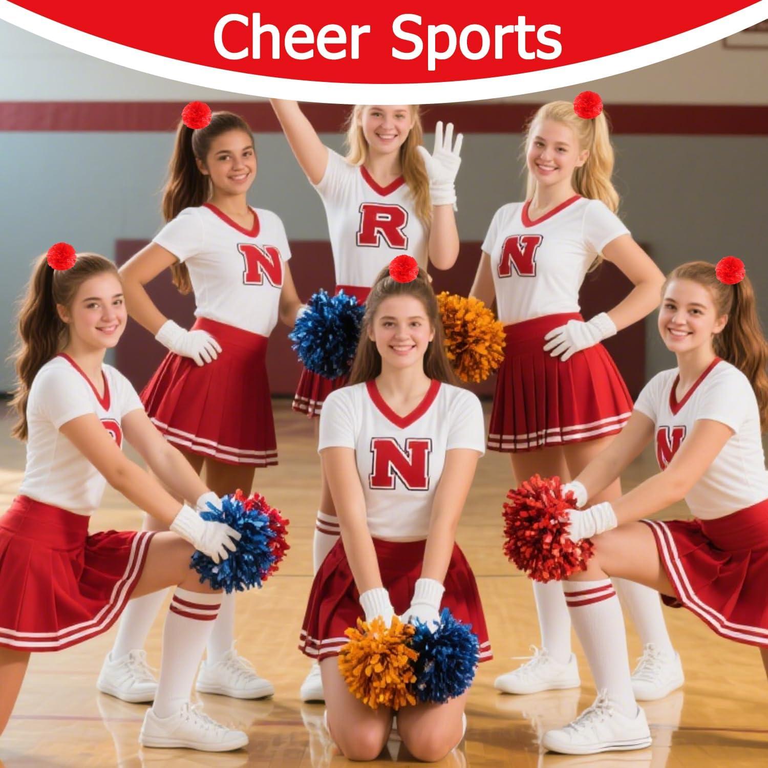 imageHooshing 5PCS Pom Poms Cheerleading Shaker and Hair Ropes Wrist Ties with Poms for Cheerleader Girls Sports Spirits Rewards Cheer in Party FestivalRed