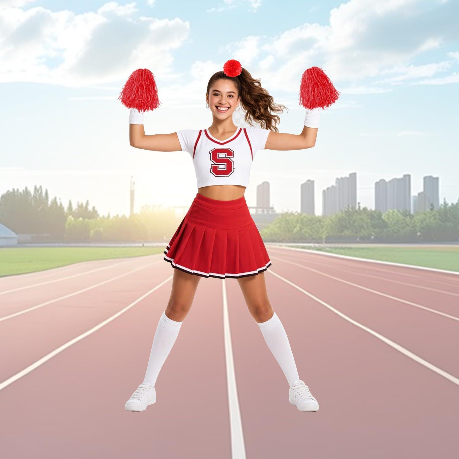 imageHooshing 5PCS Pom Poms Cheerleading Shaker and Hair Ropes Wrist Ties with Poms for Cheerleader Girls Sports Spirits Rewards Cheer in Party FestivalRed