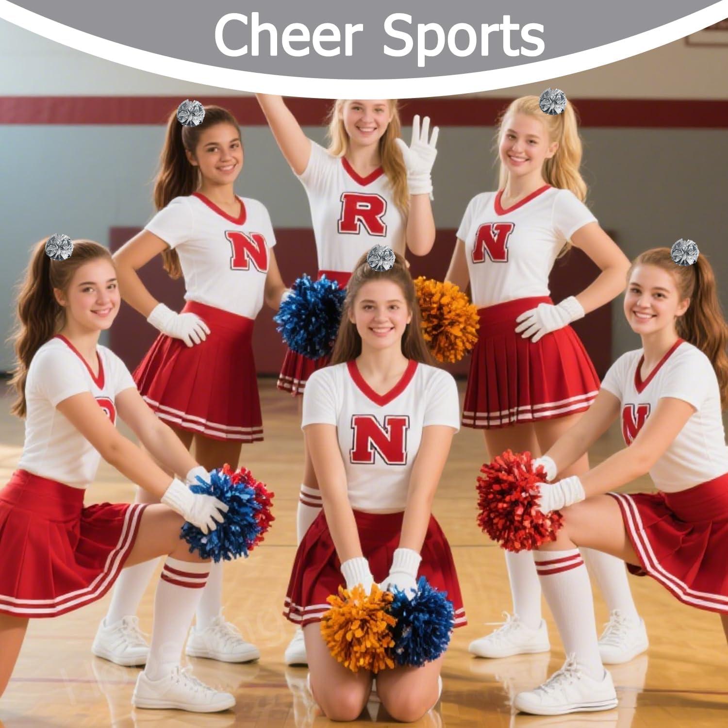 imageHooshing 5PCS Pom Poms Cheerleading Shaker and Hair Ropes Wrist Ties with Poms for Cheerleader Girls Sports Spirits Rewards Cheer in Party FestivalSilver