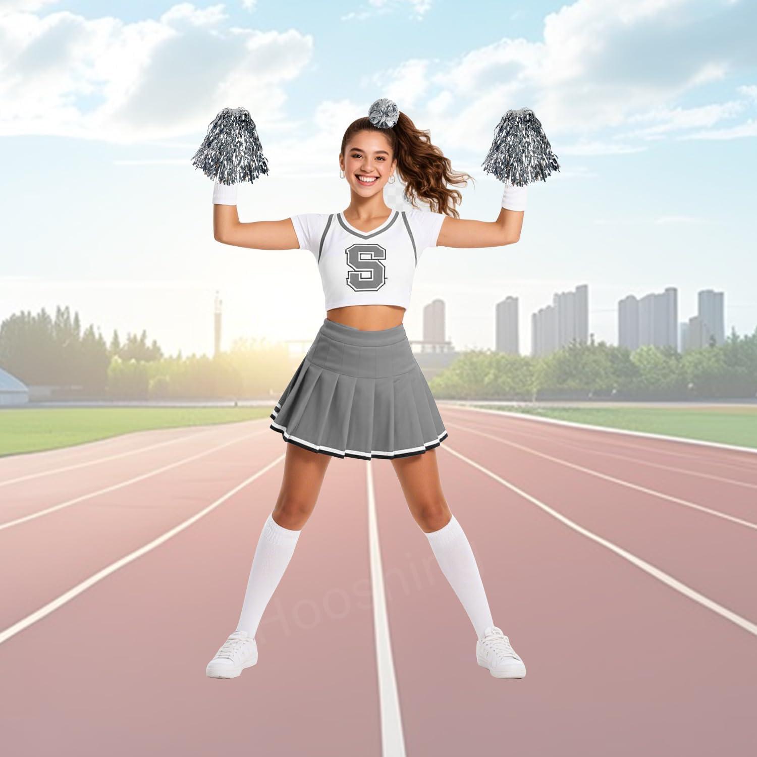 imageHooshing 5PCS Pom Poms Cheerleading Shaker and Hair Ropes Wrist Ties with Poms for Cheerleader Girls Sports Spirits Rewards Cheer in Party FestivalSilver