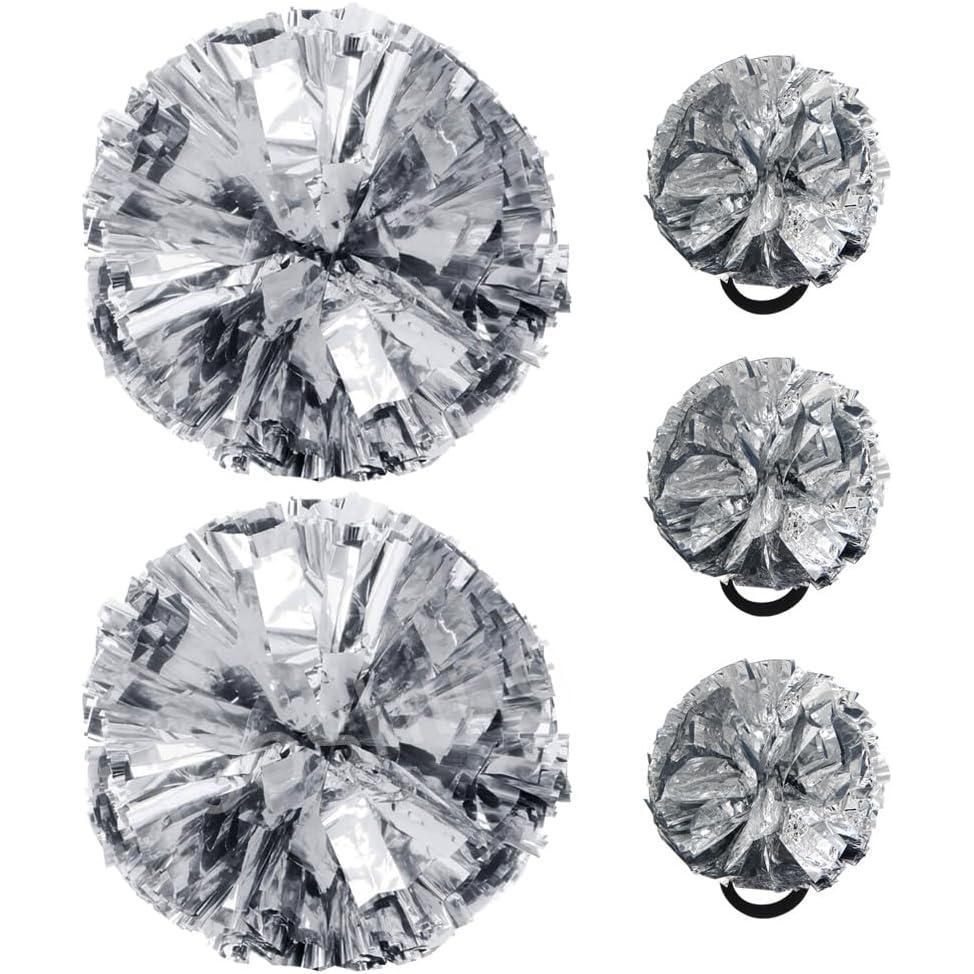 imageHooshing 5PCS Cheerleading Pom Poms and Cheerleader Girls Hair Ties with Poms for Sports Spirits Kids Adults Basketball Football Birthday Party PerformanceSilver