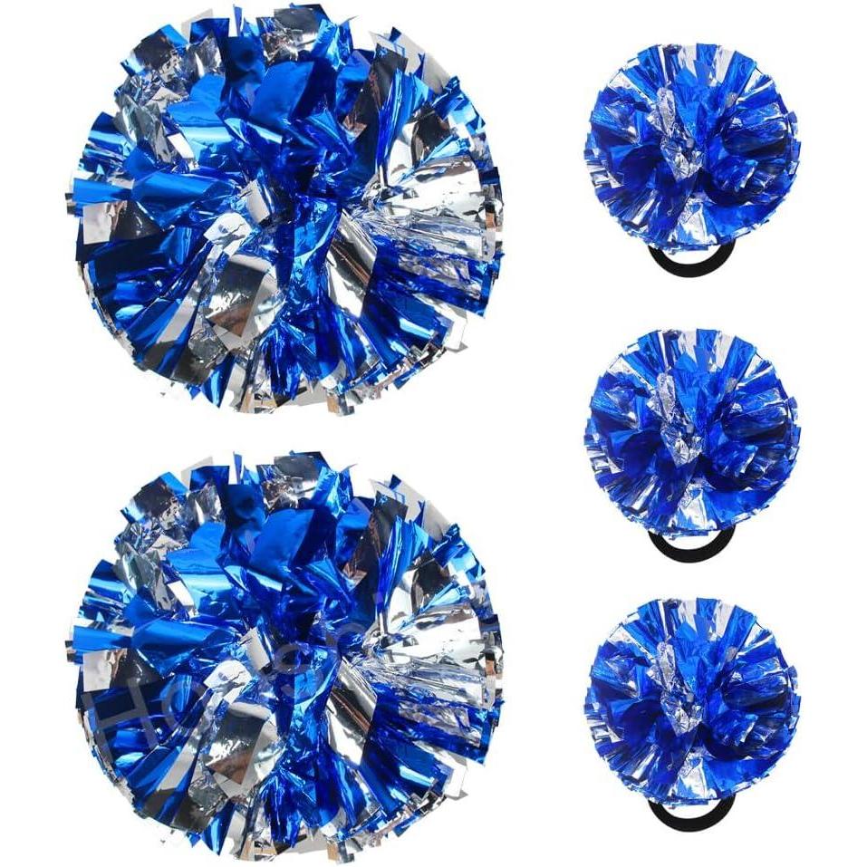 imageHooshing 5PCS Cheerleading Pom Poms and Cheerleader Girls Hair Ties with Poms for Sports Spirits Kids Adults Basketball Football Birthday Party PerformanceBlue and Silver
