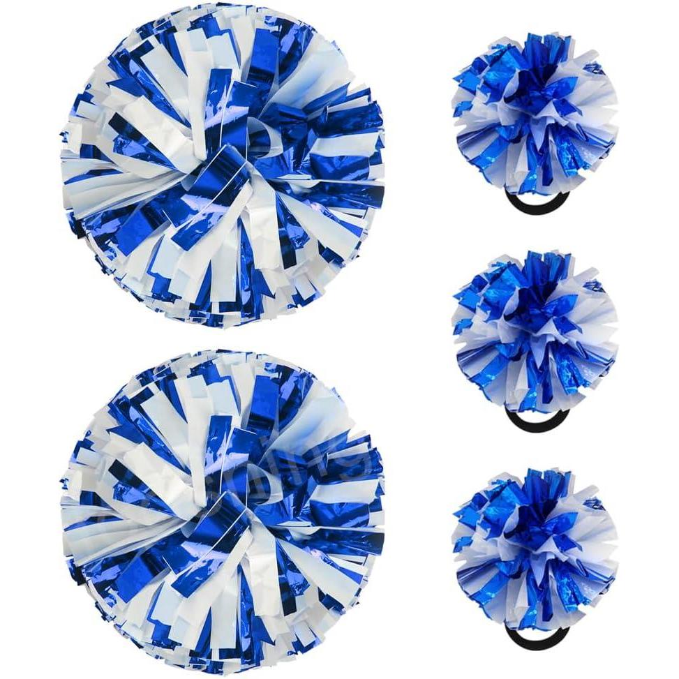 imageHooshing 5PCS Cheerleading Pom Poms and Cheerleader Girls Hair Ties with Poms for Sports Spirits Kids Adults Basketball Football Birthday Party PerformanceBlue and White