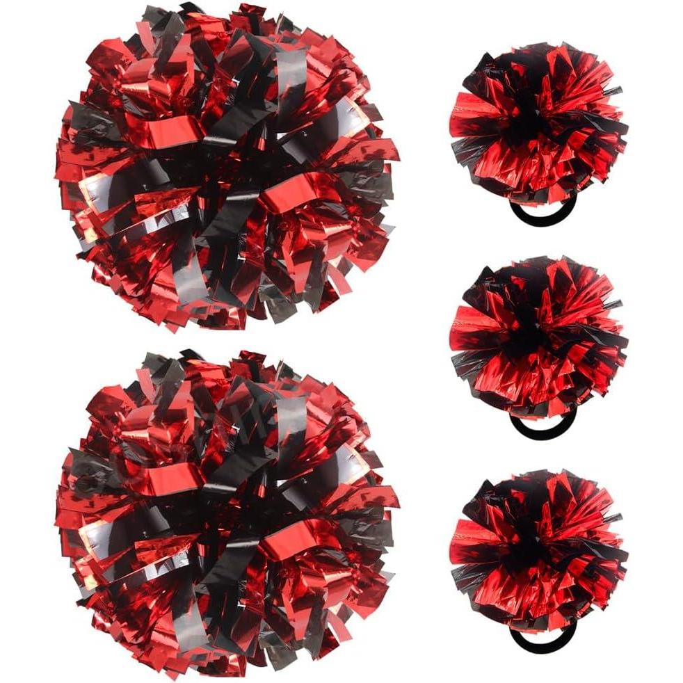 imageHooshing 5PCS Cheerleading Pom Poms and Cheerleader Girls Hair Ties with Poms for Sports Spirits Kids Adults Basketball Football Birthday Party PerformanceBlack and Red