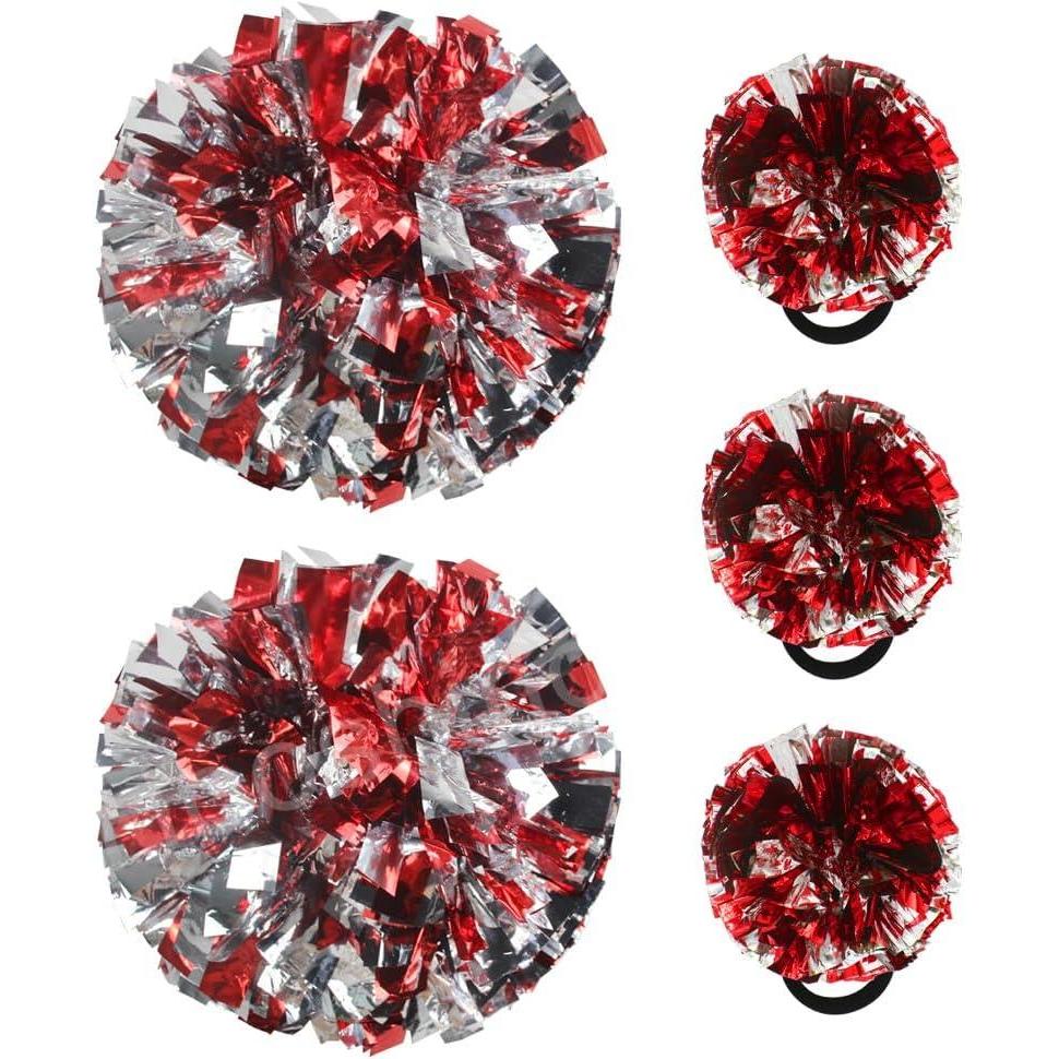imageHooshing 5PCS Cheerleading Pom Poms and Cheerleader Girls Hair Ties with Poms for Sports Spirits Kids Adults Basketball Football Birthday Party PerformanceRed and Silver
