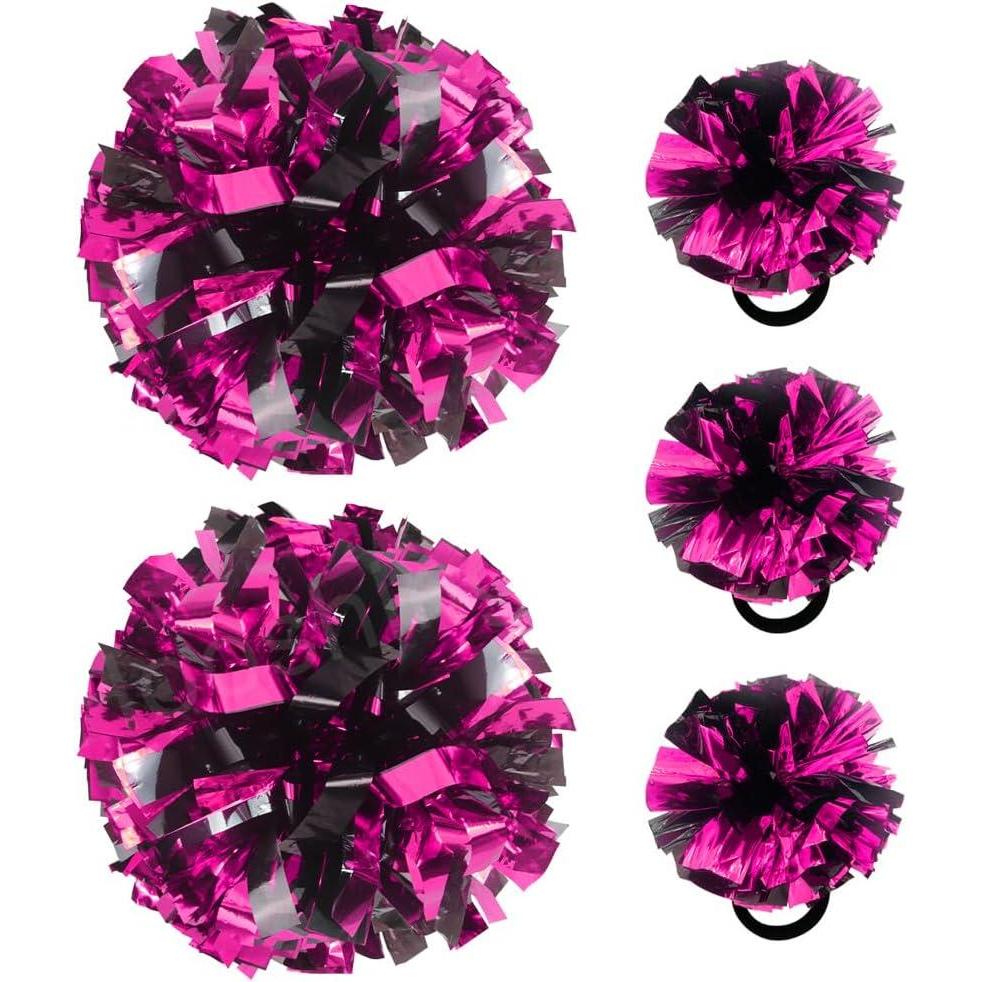 imageHooshing 5PCS Cheerleading Pom Poms and Cheerleader Girls Hair Ties with Poms for Sports Spirits Kids Adults Basketball Football Birthday Party PerformanceBlack and Hot Pink