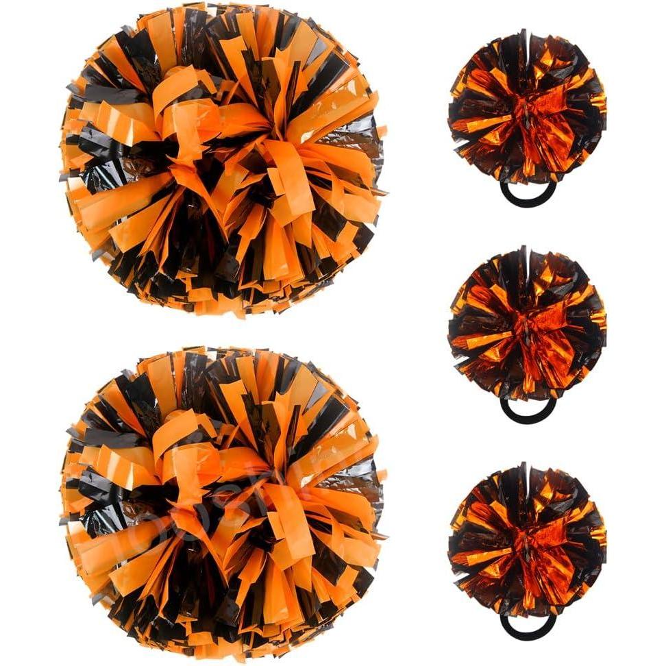 imageHooshing 5PCS Cheerleading Pom Poms and Cheerleader Girls Hair Ties with Poms for Sports Spirits Kids Adults Basketball Football Birthday Party PerformanceBlack and Orange