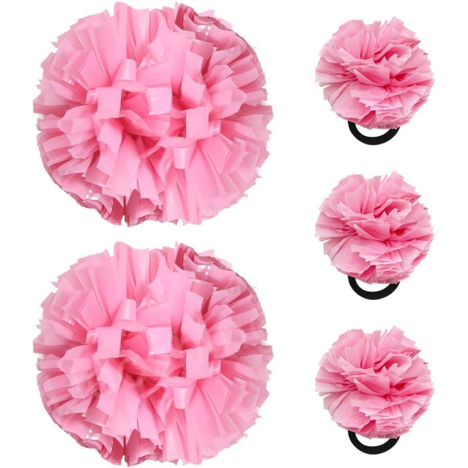 imageHooshing 5PCS Cheerleading Pom Poms and Cheerleader Girls Hair Ties with Poms for Sports Spirits Kids Adults Basketball Football Birthday Party PerformancePink