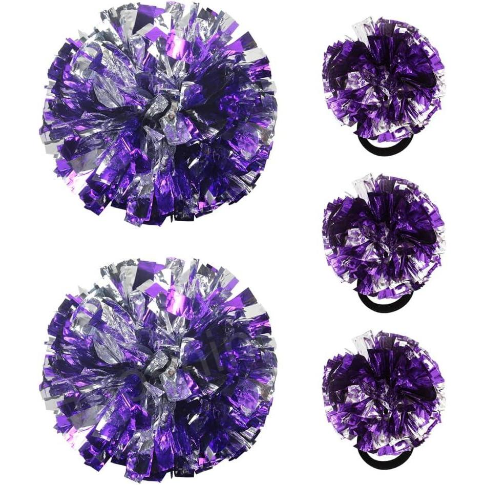 imageHooshing 5PCS Cheerleading Pom Poms and Cheerleader Girls Hair Ties with Poms for Sports Spirits Kids Adults Basketball Football Birthday Party PerformancePurple and Silver