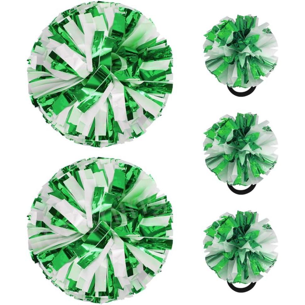 imageHooshing 5PCS Cheerleading Pom Poms and Cheerleader Girls Hair Ties with Poms for Sports Spirits Kids Adults Basketball Football Birthday Party PerformanceGreen and White