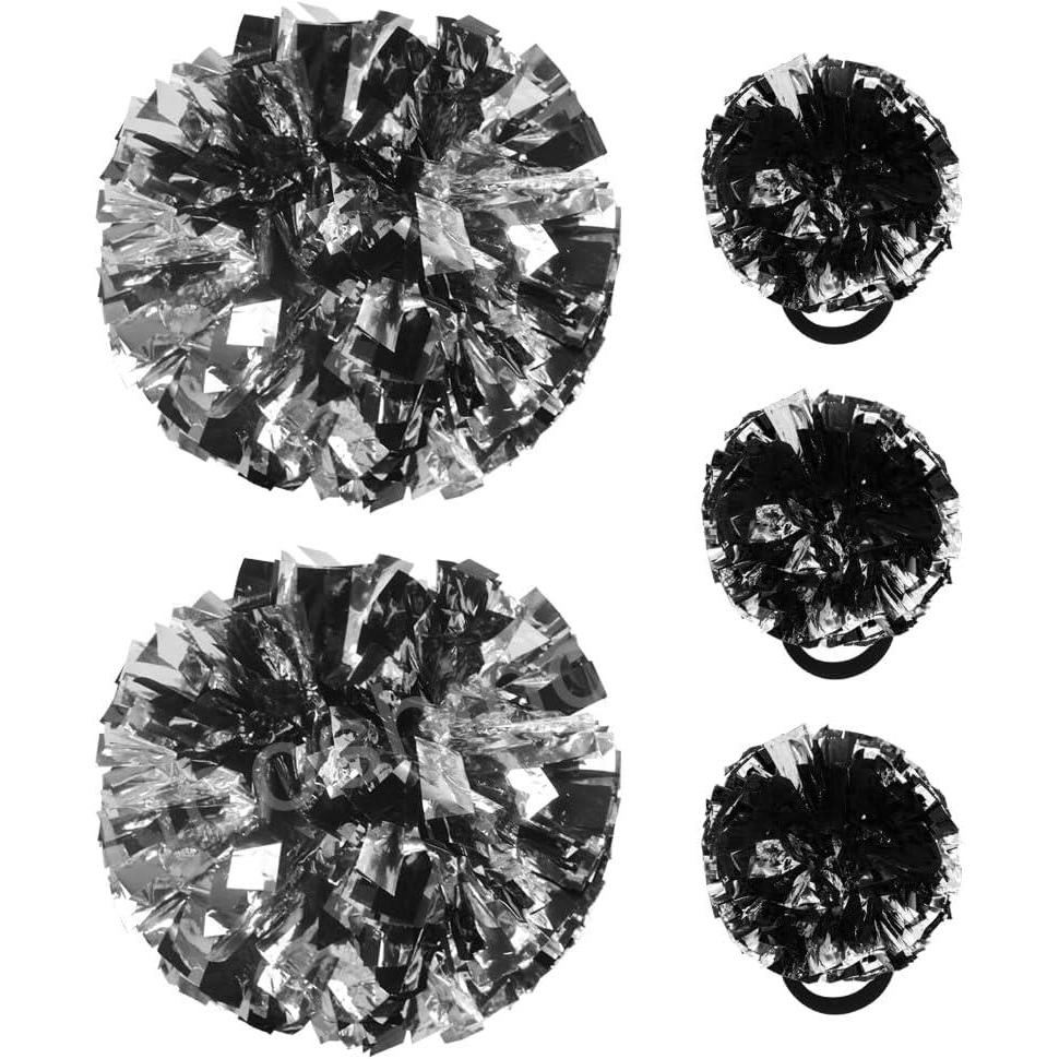 imageHooshing 5PCS Cheerleading Pom Poms and Cheerleader Girls Hair Ties with Poms for Sports Spirits Kids Adults Basketball Football Birthday Party PerformanceBlack and Silver