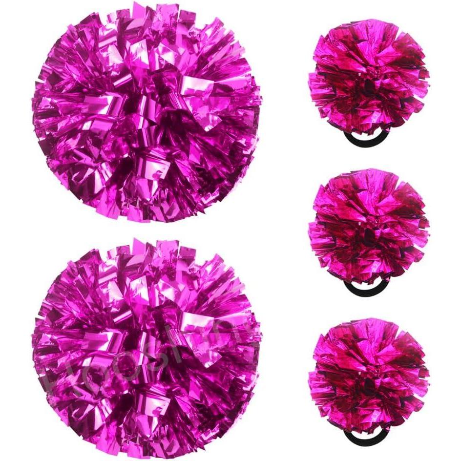 imageHooshing 5PCS Cheerleading Pom Poms and Cheerleader Girls Hair Ties with Poms for Sports Spirits Kids Adults Basketball Football Birthday Party PerformanceHot Pink